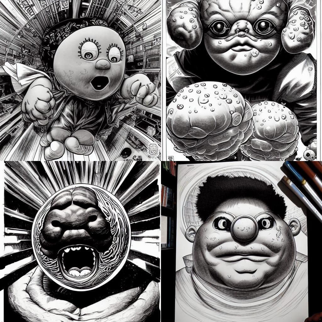 Manga, ink drawing ,cabbage patch Byzantine meatwad, fish eye