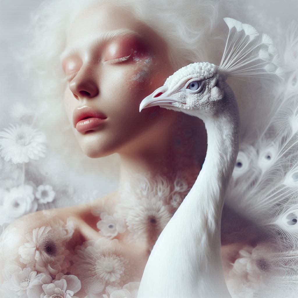 Portrait of a beautiful albino woman and white peacock