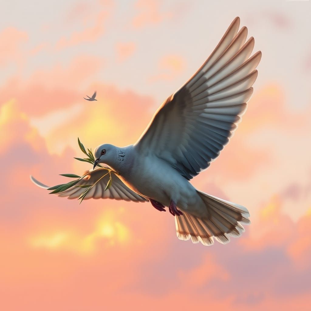 A dove carrying an olive branch through a glowing sunset sky  by @Kallistratia