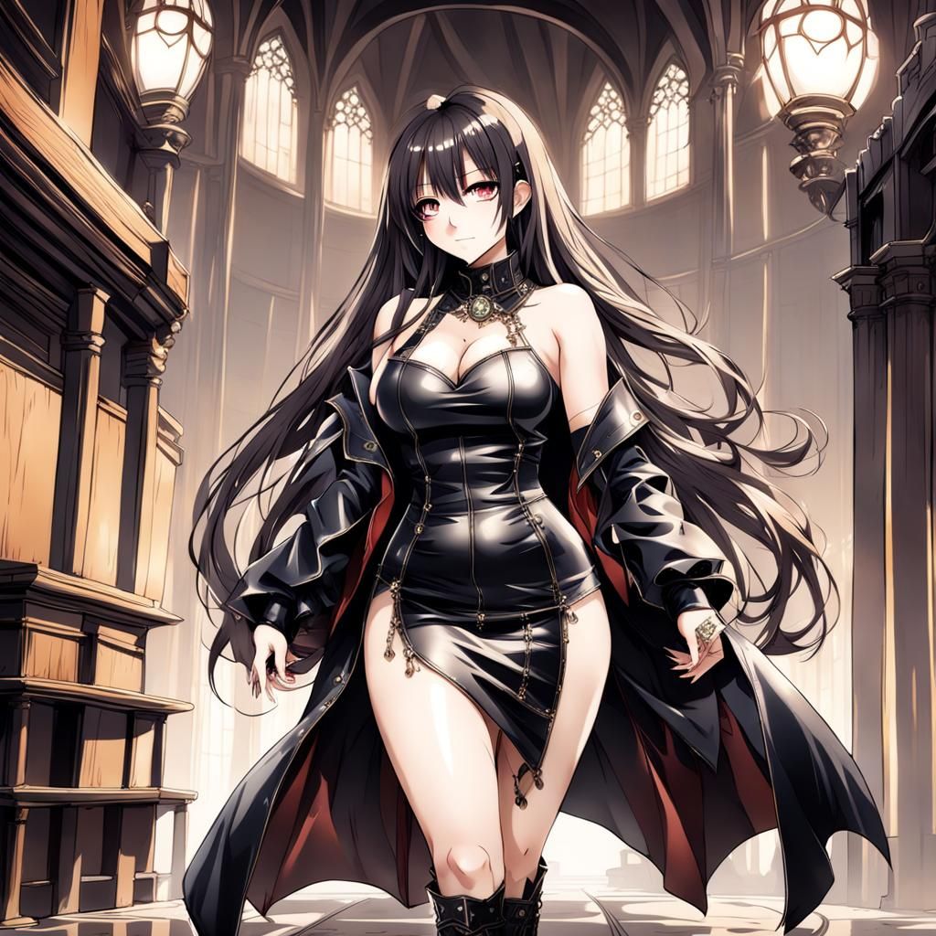 Curvy body, anime, woman, beautiful, skimpy, long hair, leat...