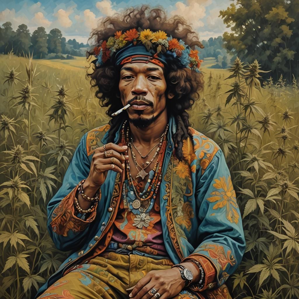 Jimi Hendrix dressed in in hippy clothes smoking a spliff, sitting in a field of Cannabis, done in the ...  by @The ancient one
