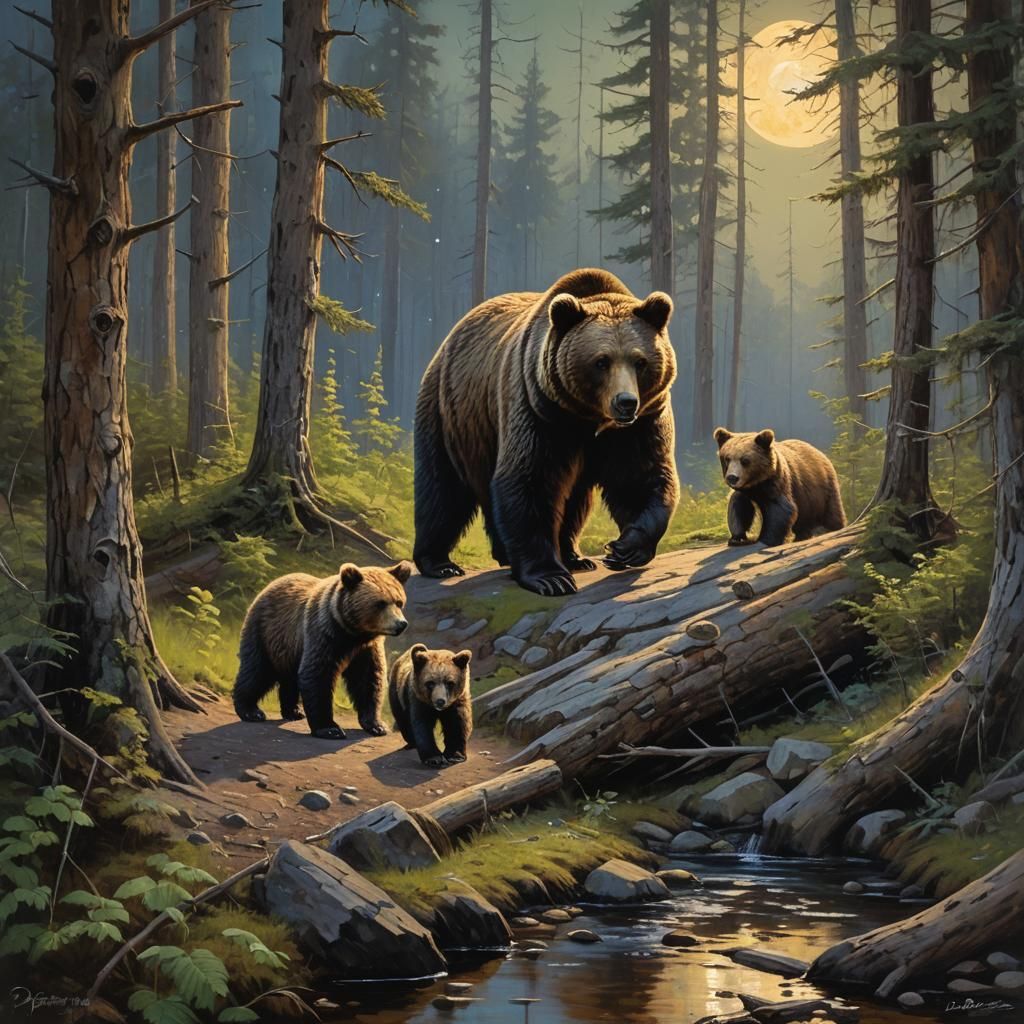 A momma Bear and cubs walking through the woods with the moo...