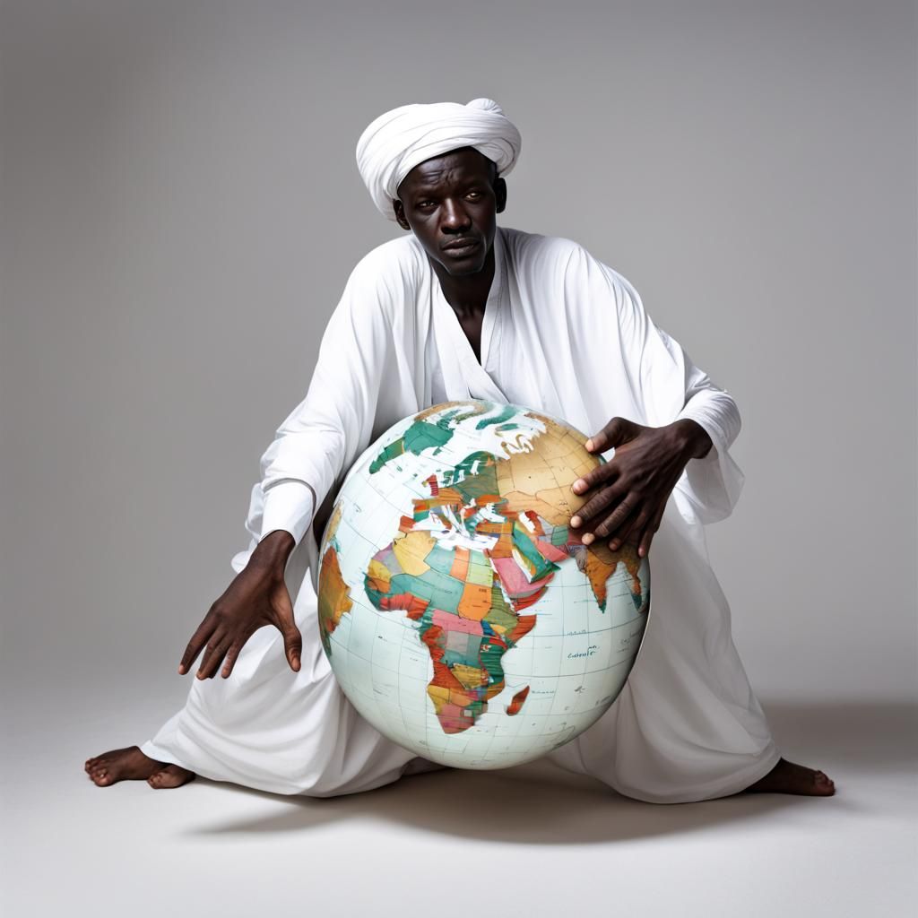 A man in white Sudanese clothes stopping very big globe with both hands ...