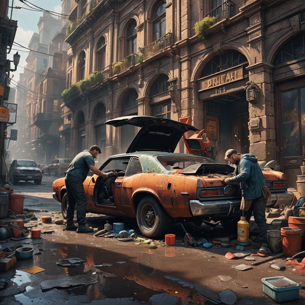 A man fixing his car with plenty of elbow grease