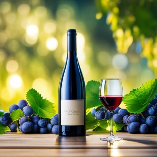 A bottle of merlot and a bottle of chardonnay surrounded by grape vines hyper detailed photo realistic ...  by @the owl queen