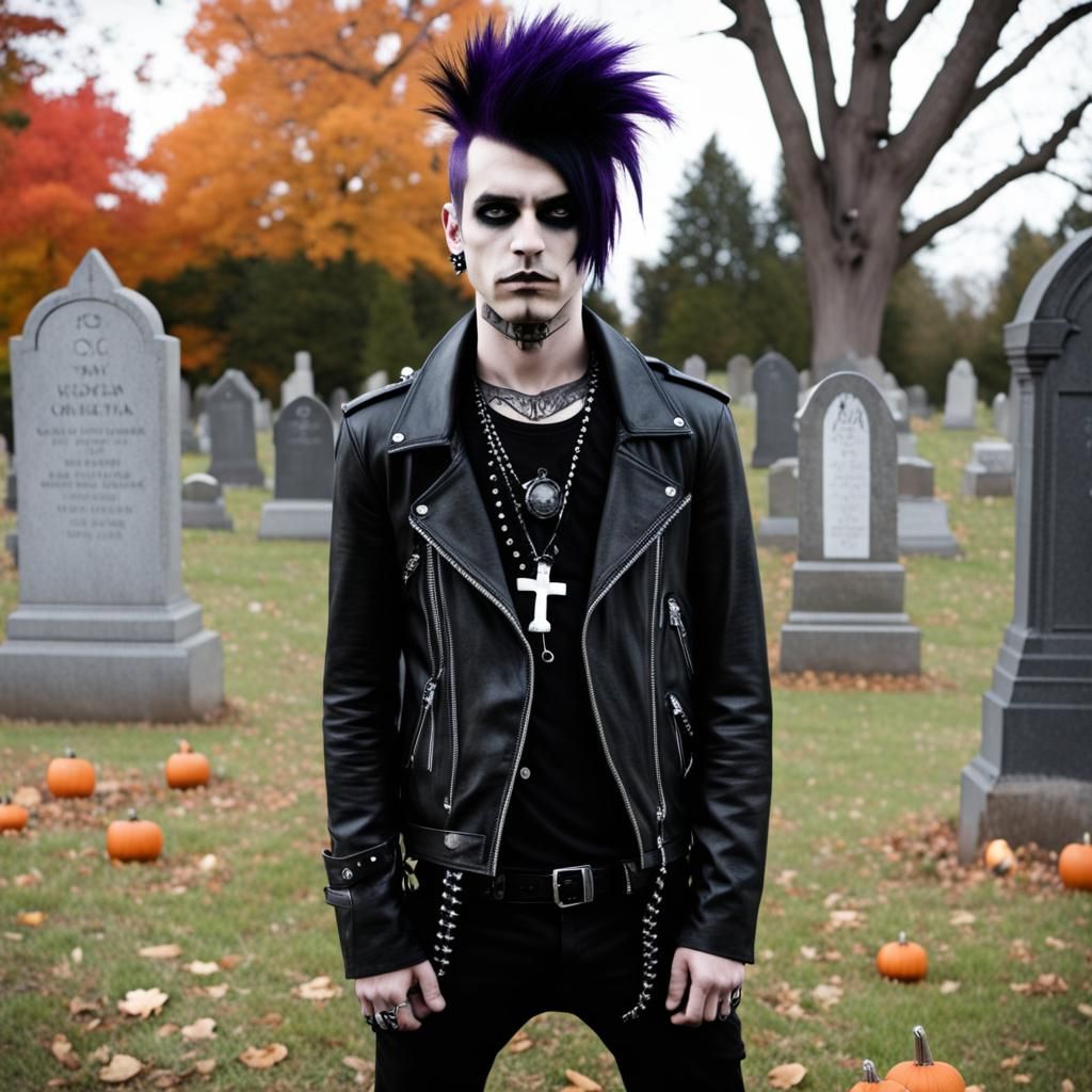 halloween punk goth emo guy at graveyard