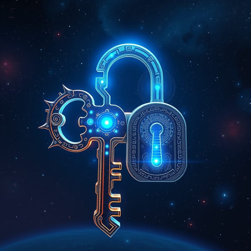 Cosmic Skeleton Key in Deep Space, with Glowing Circuits and...