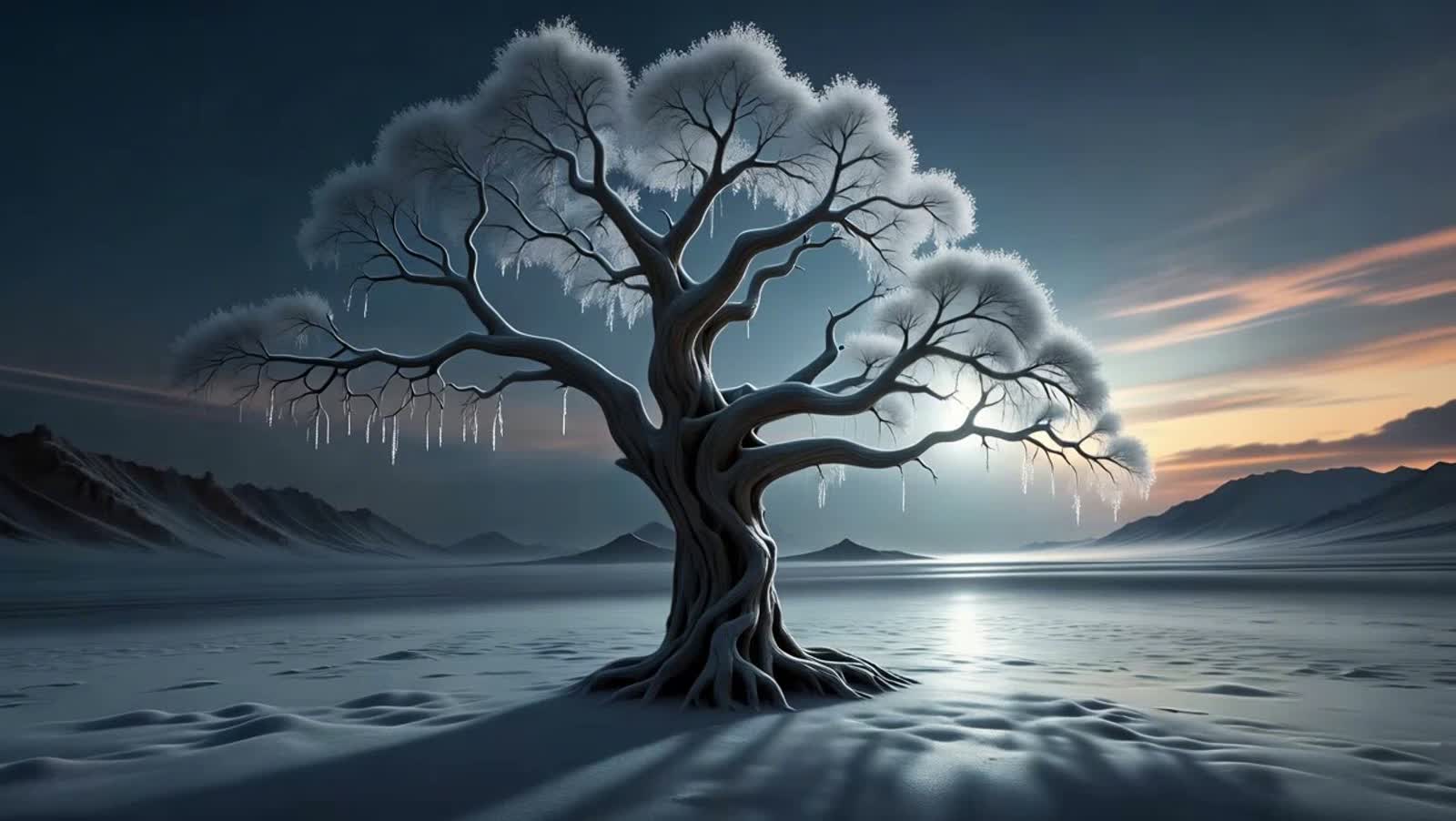 A lone, ancient tree stands on a desolate, windswept plain under a bruised twilight sky. Its bark is gnarled and twisted...