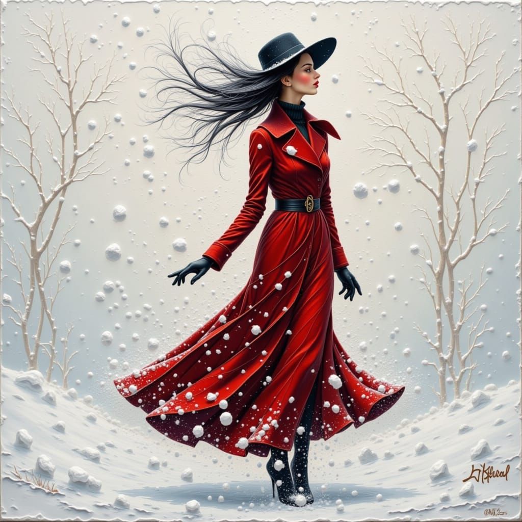 Elegant Woman in Snowstorm: Impasto Painting