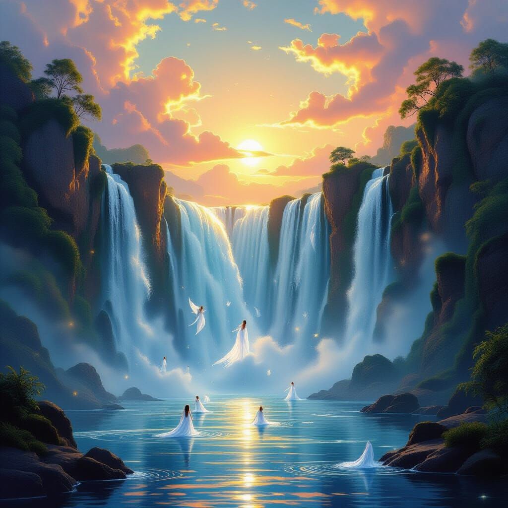 A waterfall flowing upward, spirits swimming in light



