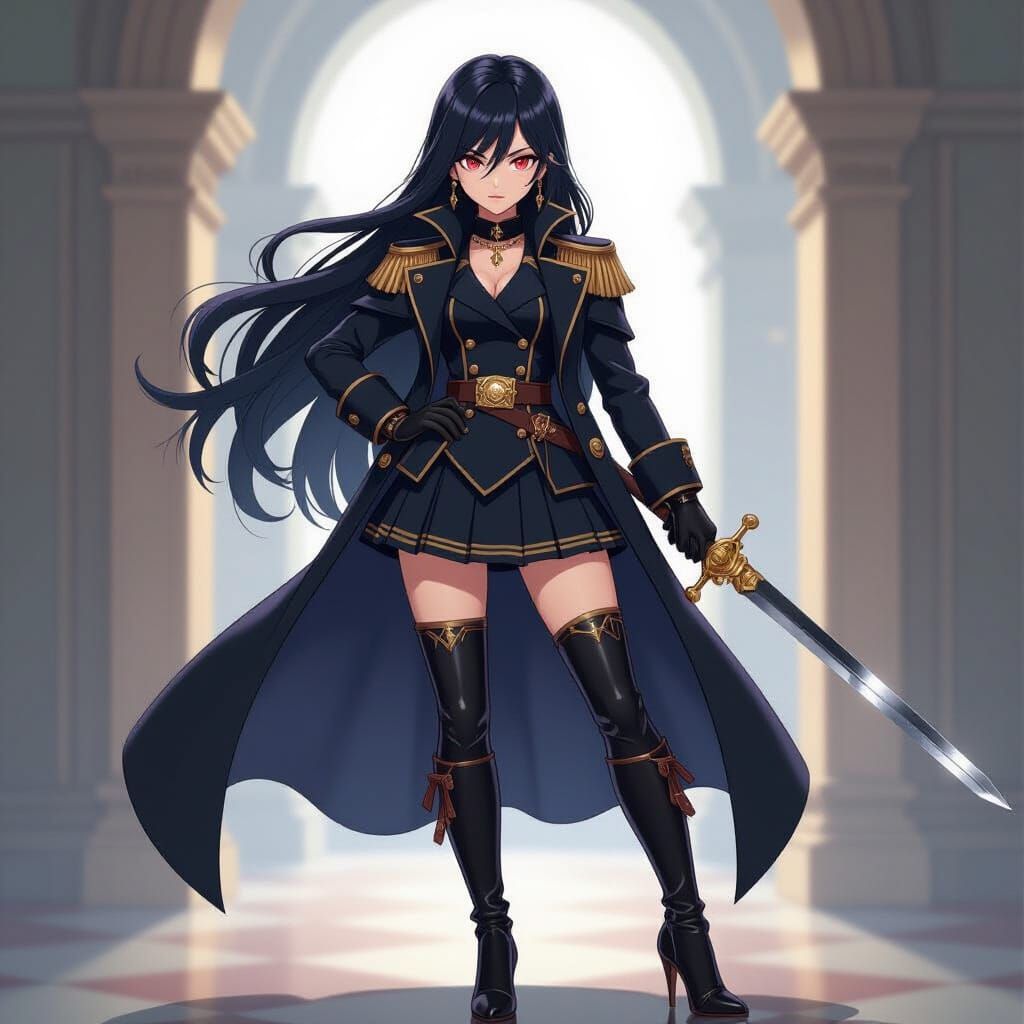 A young anime female admiral with a black navy uniform, a sword, long black hair, red eyes, a coat, high heeled boots, gloves, some jeweller...