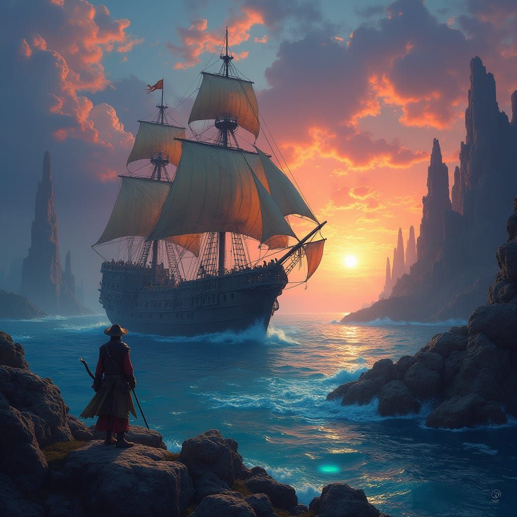 Pirates in Vibrant, Surreal Sunset with Glowing Sea Creature...