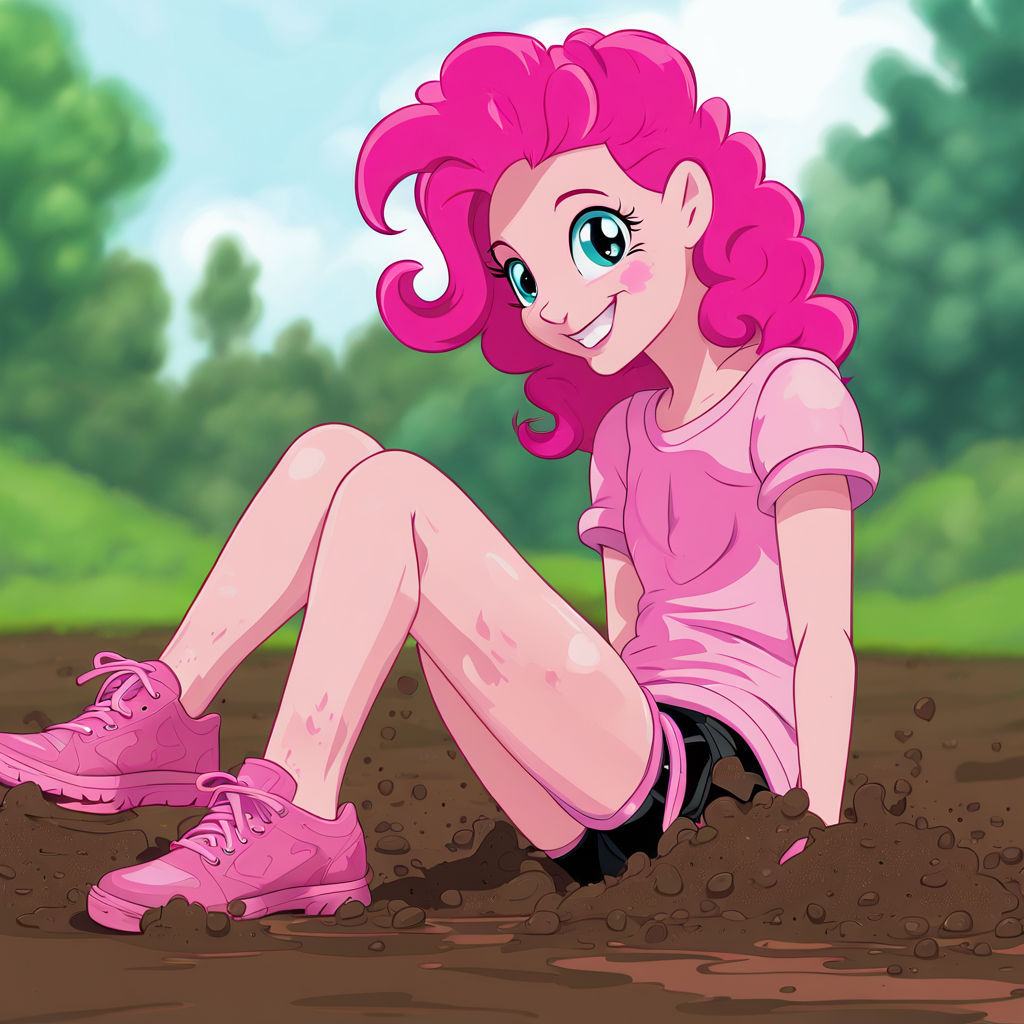 Human Pinkie Pie from My Little Pony, human face, pink hair. At home, in the garden