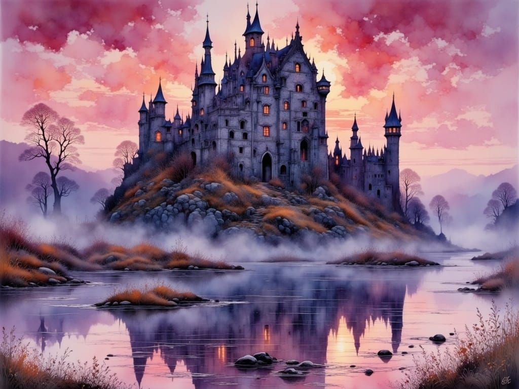 In the icy morning mist that lies in thick clouds over the river, a castle ruin appears in the red-violet ...  by @Tina auf der Blumenwiese