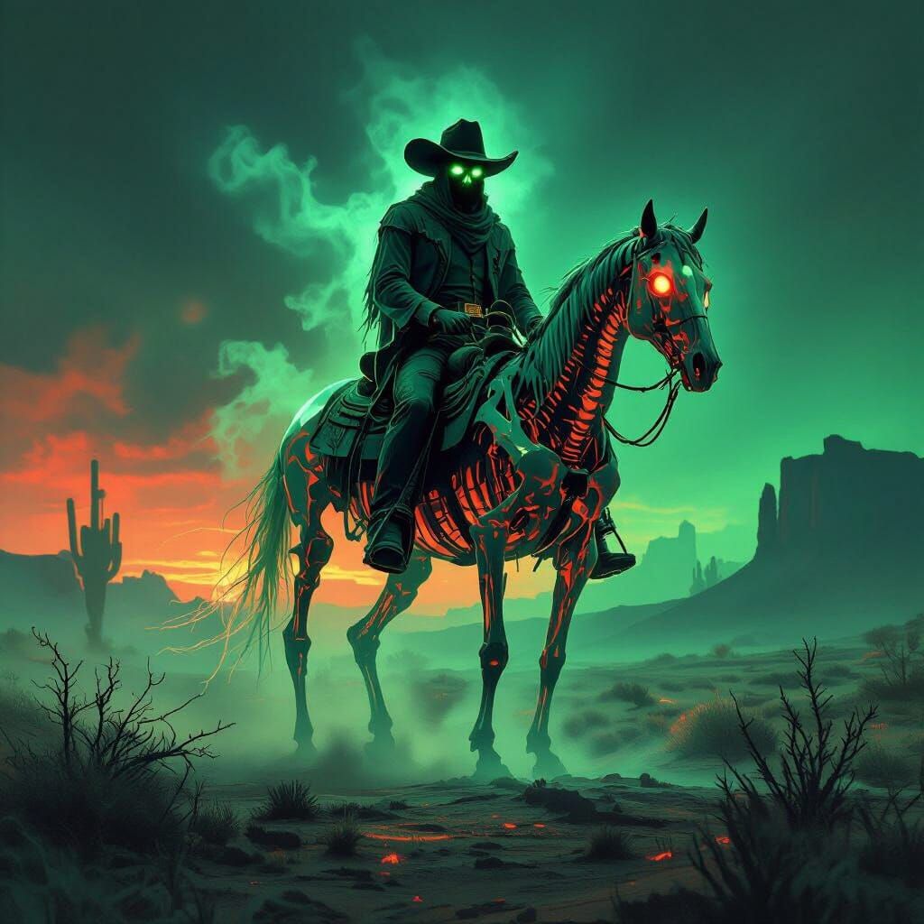 Picture a ghostly cowboy riding a spectral horse across a desolate, neon-lit landscape, bathed in the ...  by @Dave Crosby