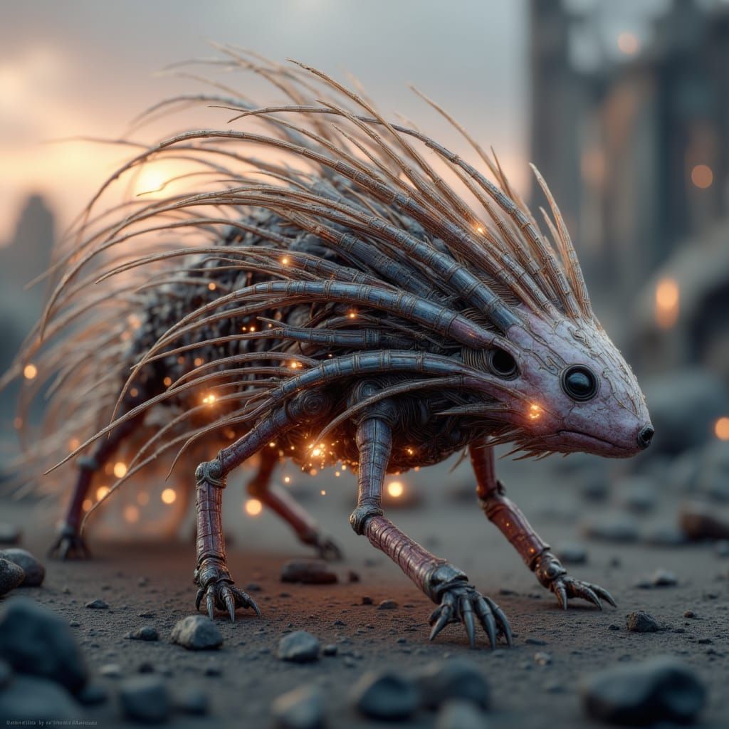 <lora:Animal Mutants:1.0> HD photography of a sci-fi alien mutant porcupine with gravity needle quills and semi-hardened liquid bone casing,...