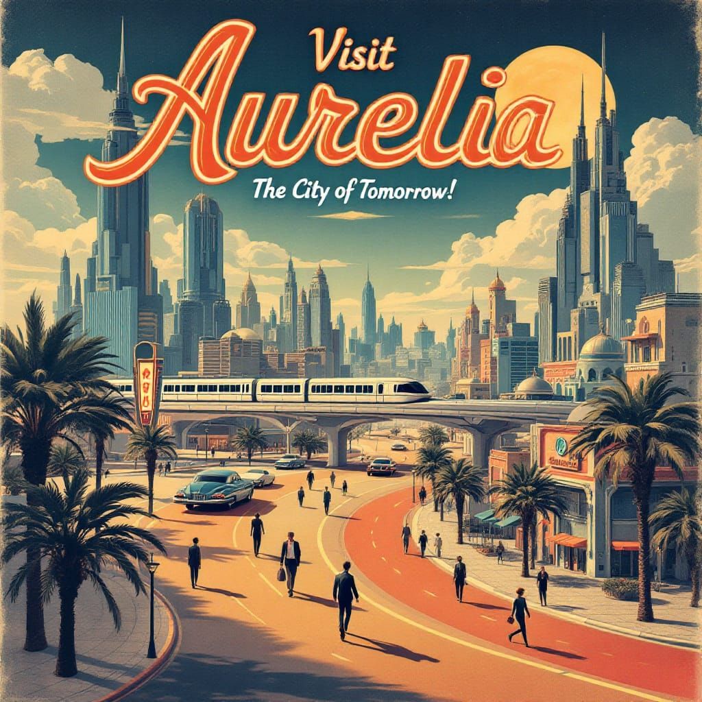 A 1950s-style travel poster for an imaginary city. The artwork features bold vintage typography, vibrant ...  by @MythsCreator