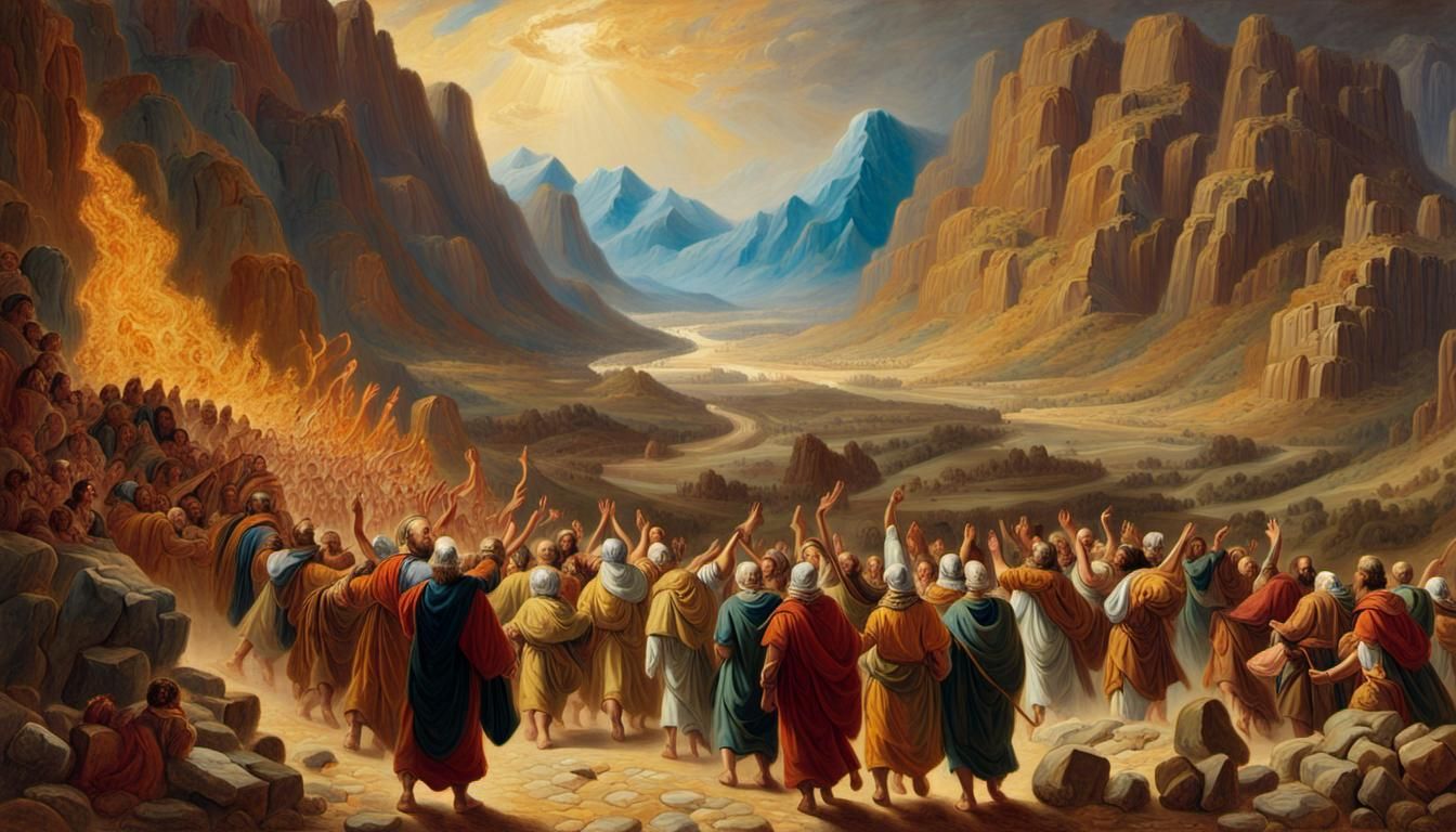 An awe-inspiring oil painting depicting Moses leading the Israelites on ...