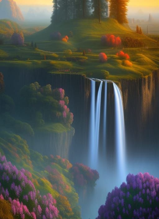 A Insanely detailed matte painting of fantastical dreamy beautiful heavenly Cypress flowers; Landscape characteristics: Majestic mountains,...