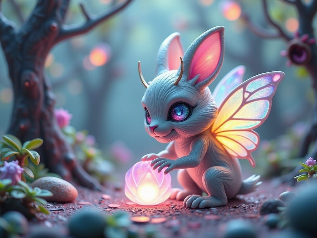 Mythical Forest Creature with Iridescent Fur and Wings