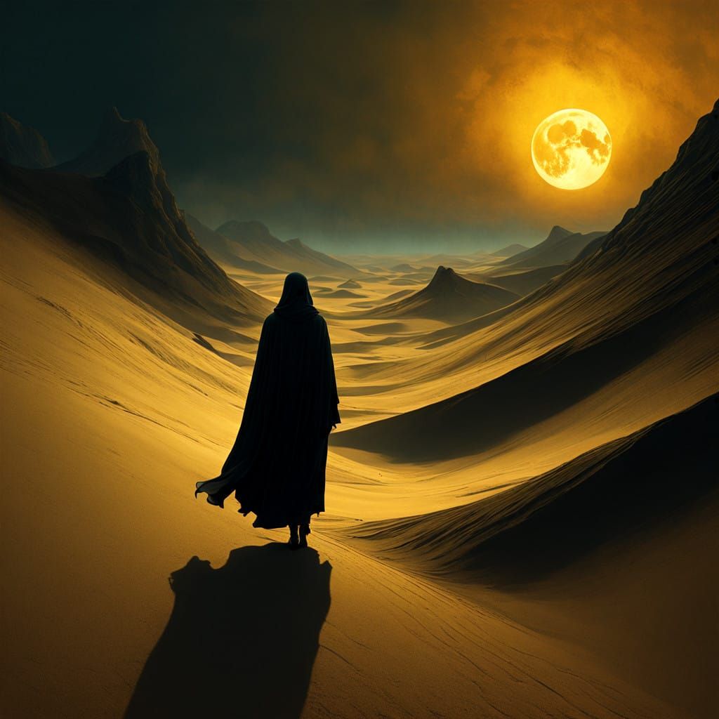 view from behind(((ethereal misty black cloaked woman figure))), clad in dark tones, advancing through ...  by @Ariana do Migro 