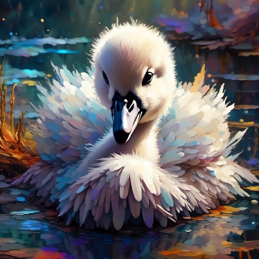 Colorful Baby Swan in Impasto Oil Painting Style