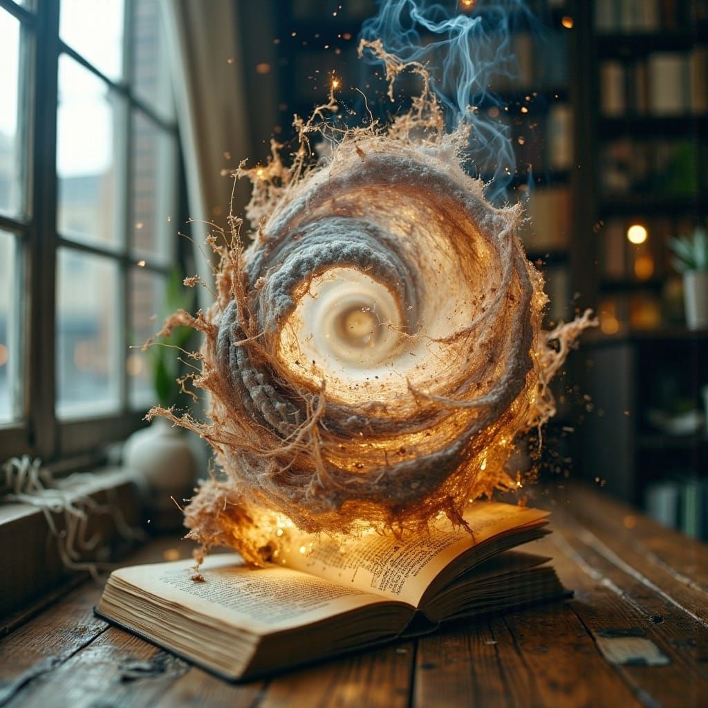 <lora:Surreal DE:1.0>Double exposure photography of a Levitating Book and a Swirling Galaxy, Double exposure surrealistic photography by Al...