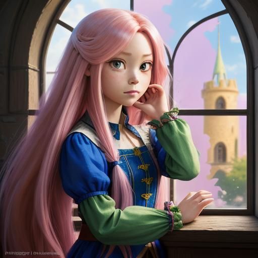 Chibi Rapunzel long pink hair in a tower window