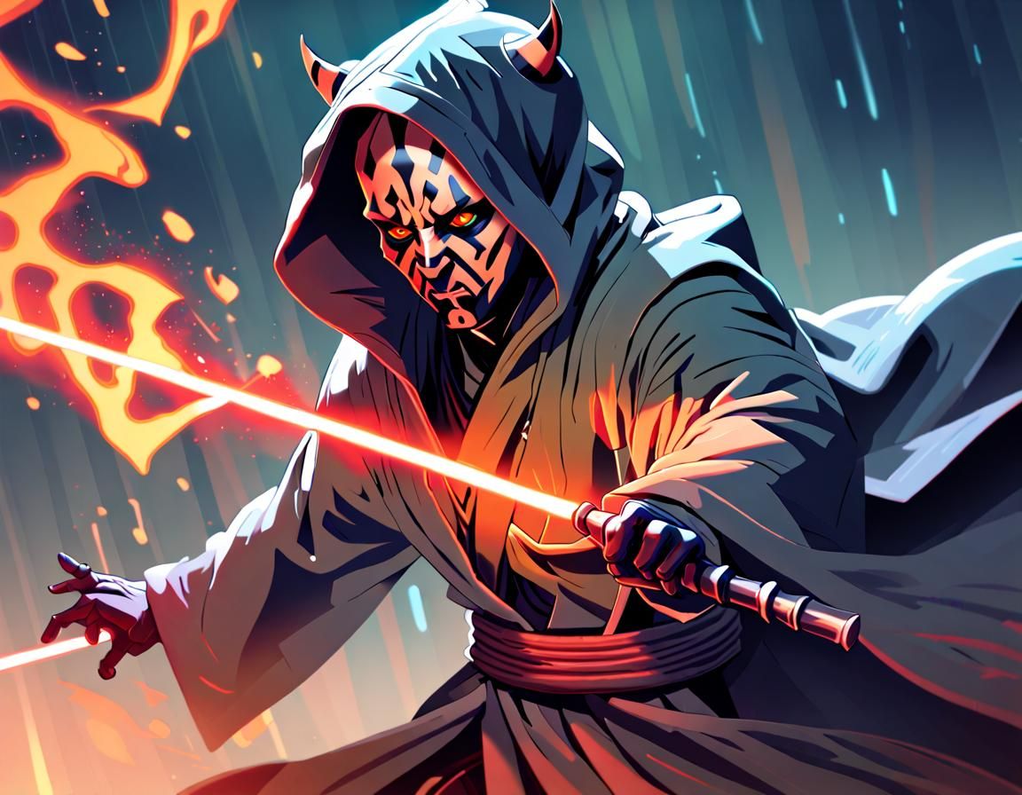 Weifu Darth Maul, hooded robe, dynamic blowing in the wind, orange Sith ...