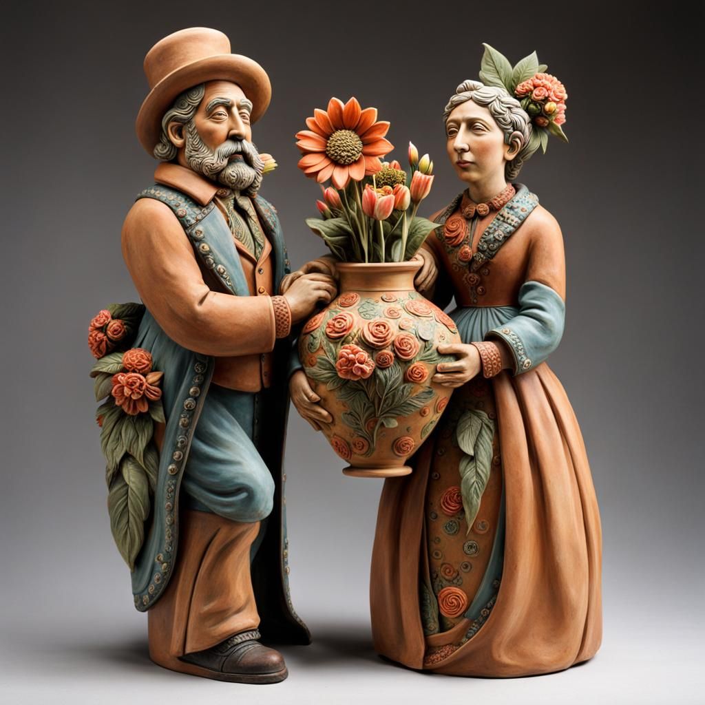 clay sculpture of an eccentric couple holding a large vase with fresh flowers  by @Colin-Bentham