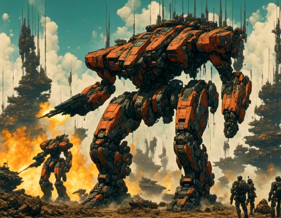 A slender Metal Gear style mecha stands over a burning tank and fires a machinegun on an active battlefield. Dynamic action, masterpiece. <l...