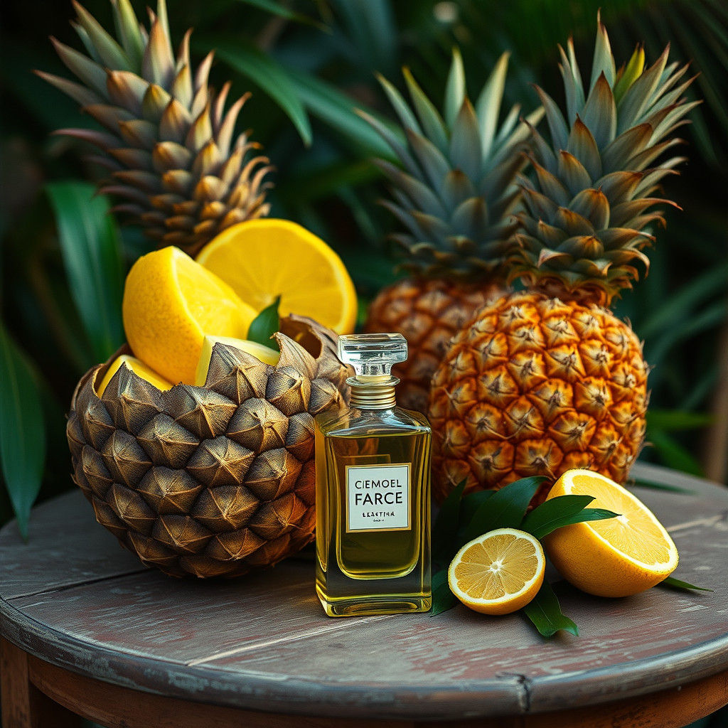 A tropical-themed setup with coconut shells, pineapples, and...