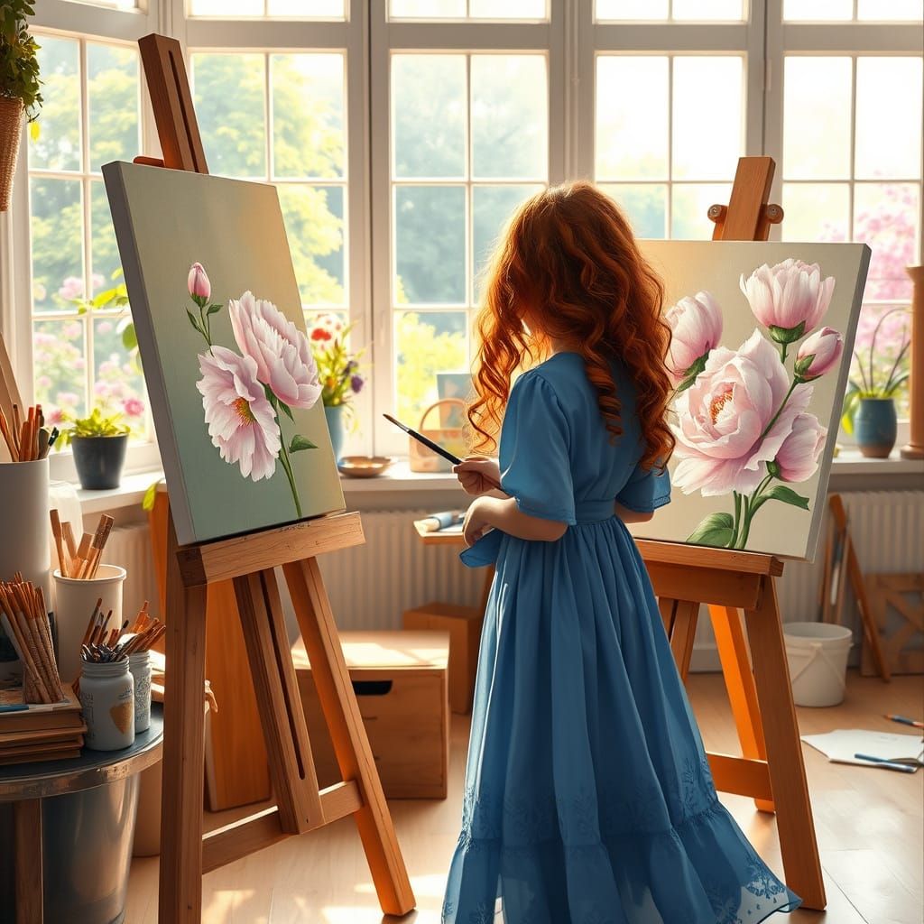 Whimsical Young Artist Paints Peonies in a Dreamy Studio