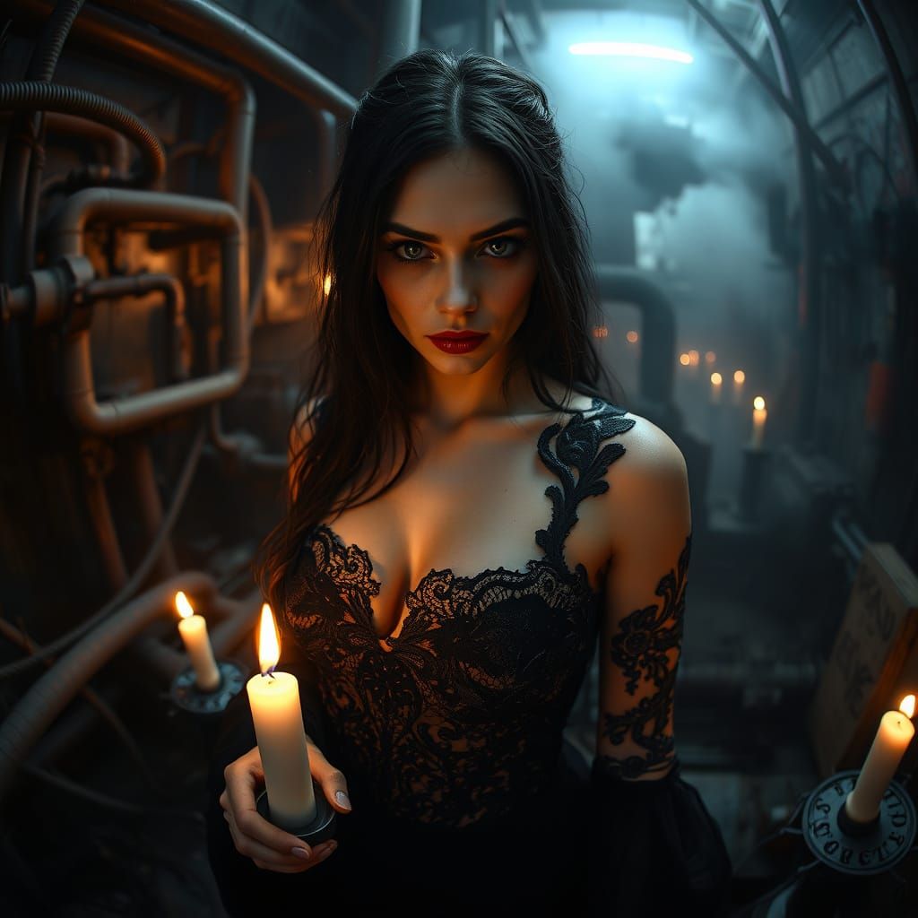 Enchanting Sorceress in Dark, Industrial Dreamscape