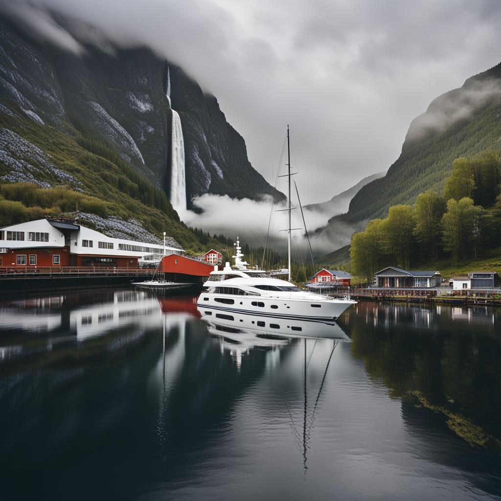 Norwegian canal, yacht sitting in still water, mountains, waterfall ...