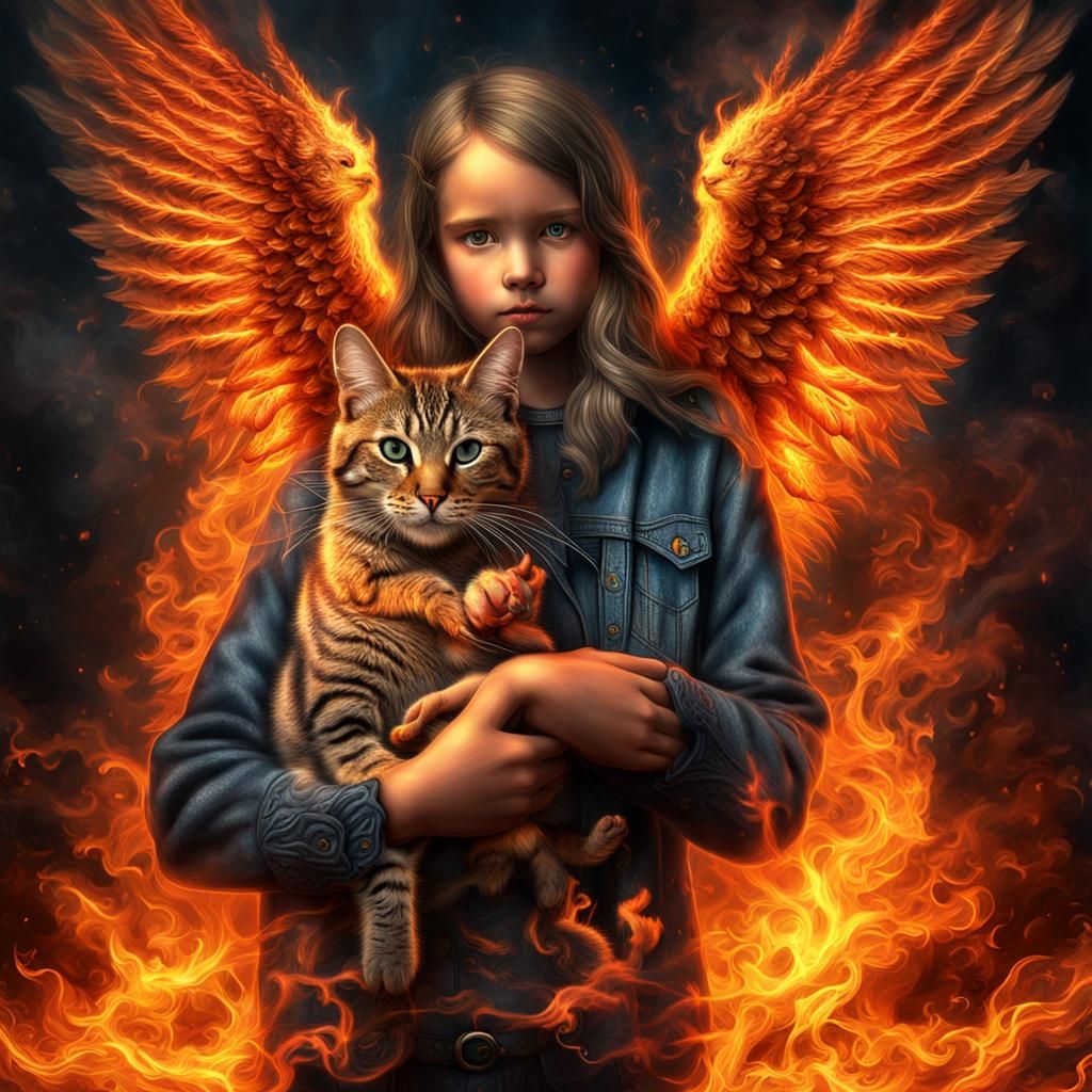 Flaming angel holding a flaming pet cat, flames, smoke, intr...