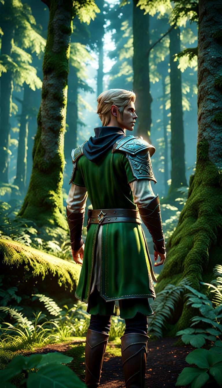elf standing in a forest clearing