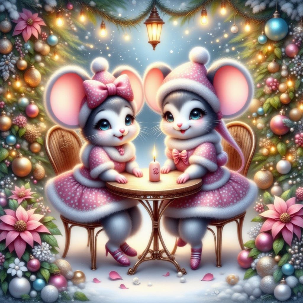 <lora:Mim:1.0> <lora:Winter Feiertage:1.0> Two cheerful cartoon mice sit together at a small bistro table in a cozy Christmas garden. The gi...