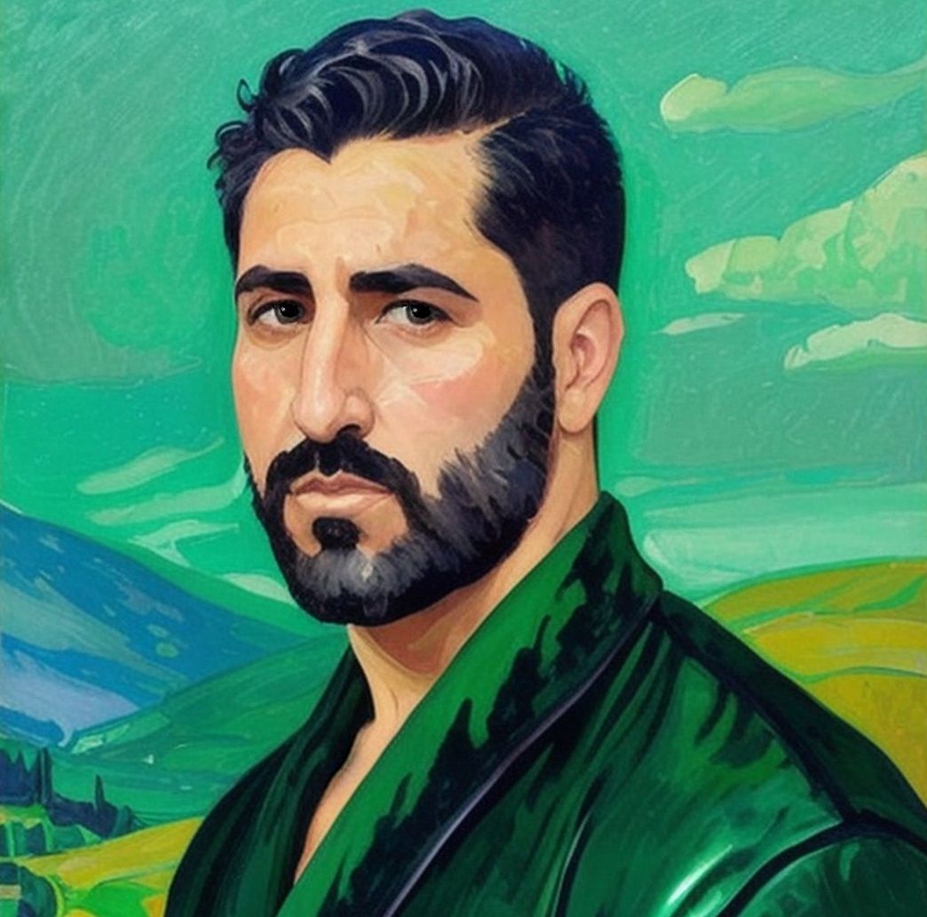 A handsome  man  with  a  green bathrobe   in a green landsc...