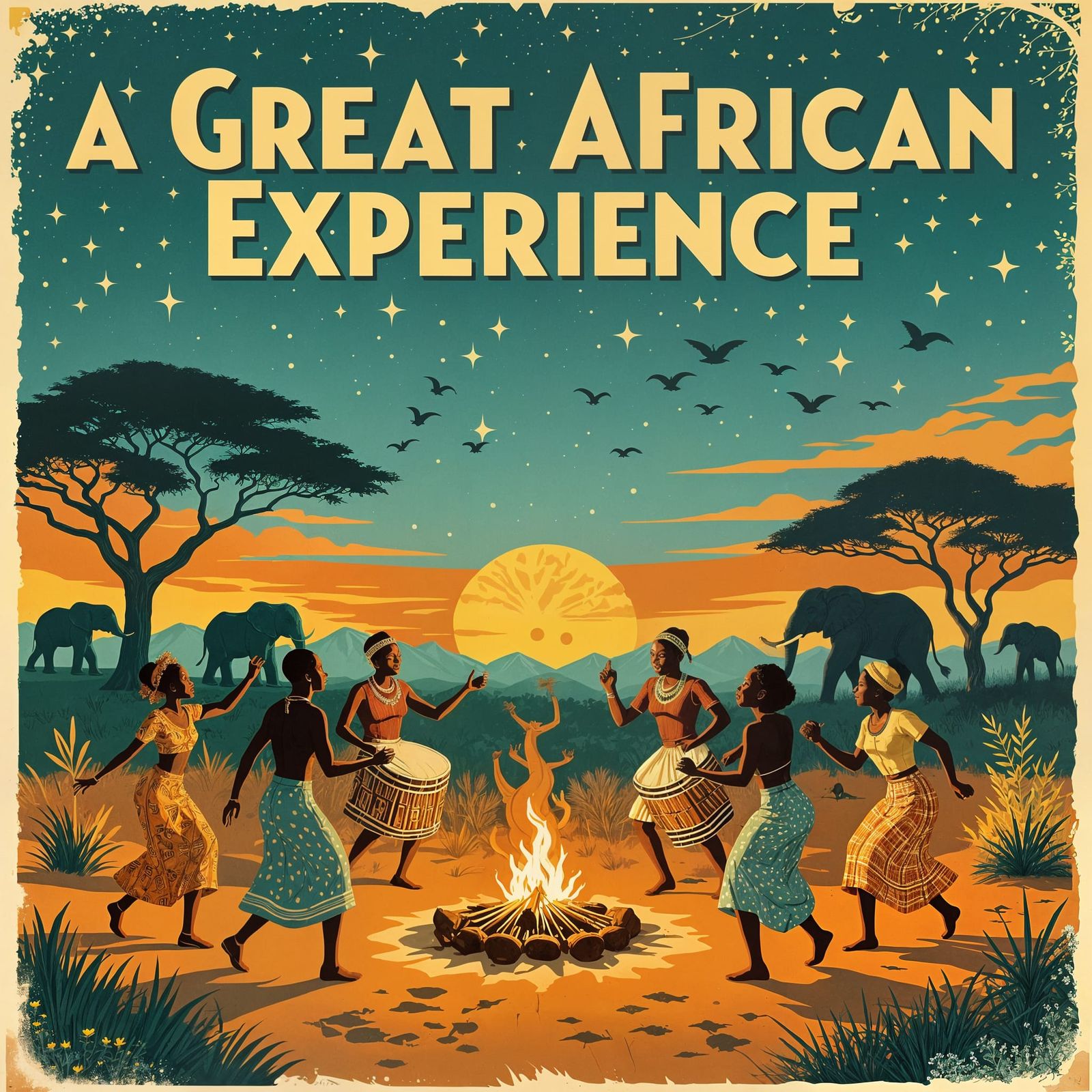 Retro vintage travel poster illustration of a joyful African cultural experience people dancing around ...  by @undefined