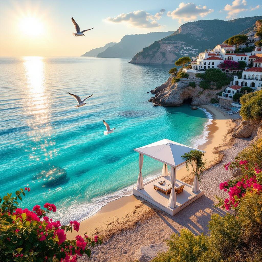 Hyper-realistic cinematic scene, ultra-detailed, 8K resolution.
A hidden sacred Mediterranean coastal beach, secret and untouched, revealing...