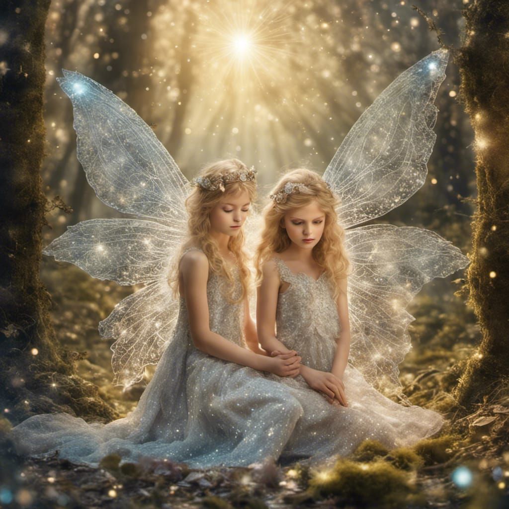 Beautiful fairies in a glowing glade, heavenly light shining...
