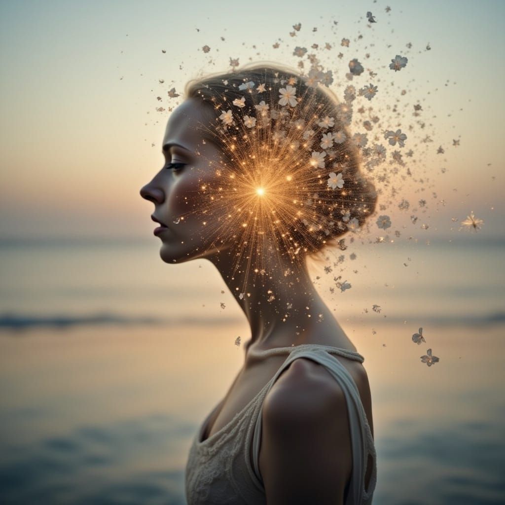 Envision a photorealistic ethereal, luminous scene showing a woman disintegrating into a thousand pieces, shattering like broken glass, sad...