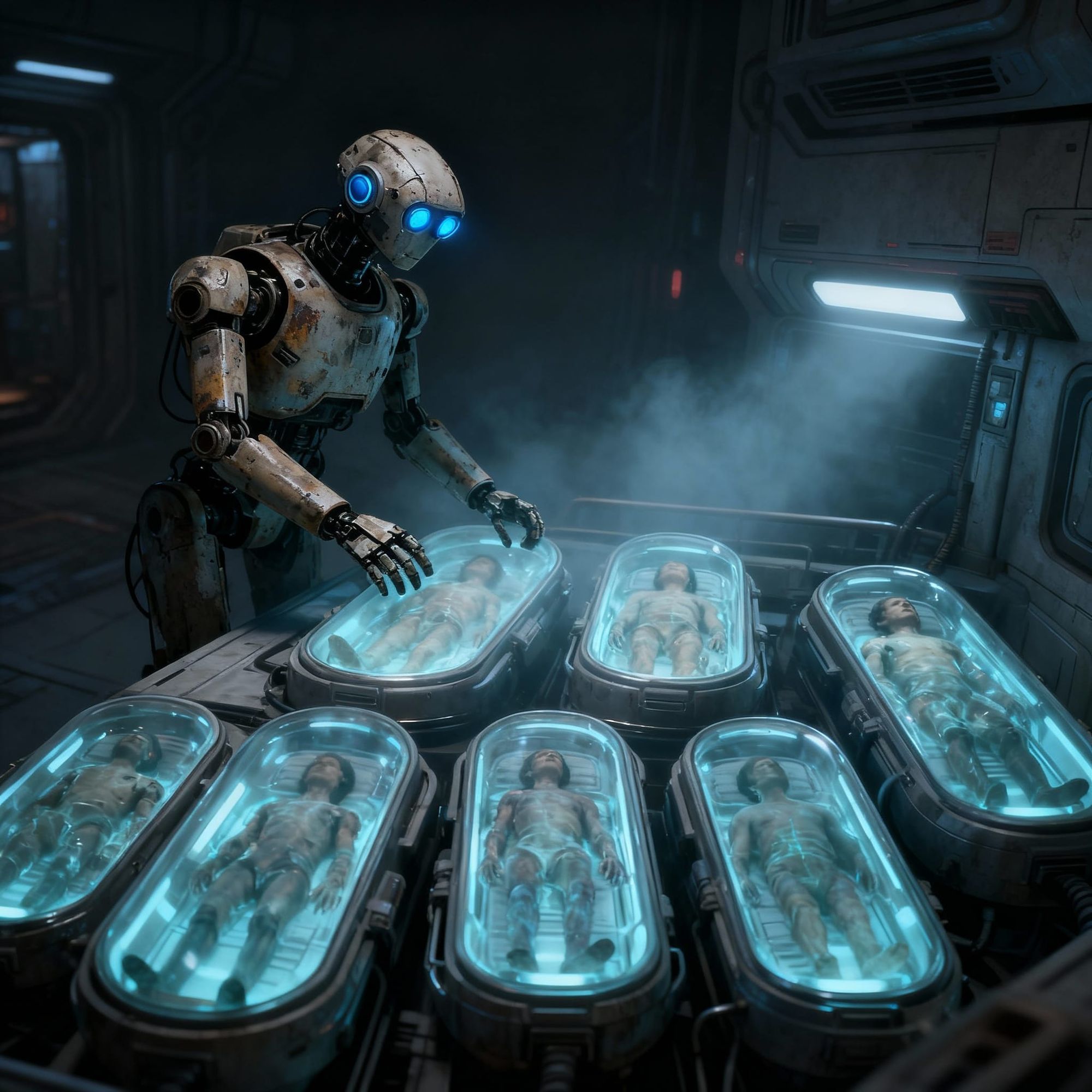 A single lonely robot, tends to 6 stasis pods containing biohumans inside a spaceship. in the year 2599