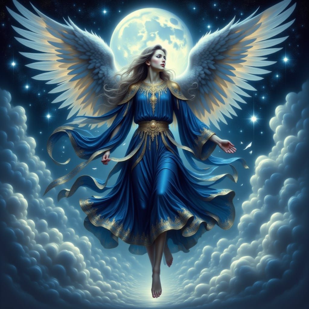 "Moonlit angel with flowing midnight blue robes, feathered wings reflecting starlight, dancing among clouds under a full moon, fantasy drea...