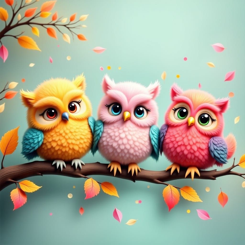 3 cute colorful fluffy owls sitting on a branch. in the style of <lora:Flux Hyperreal:1.3>