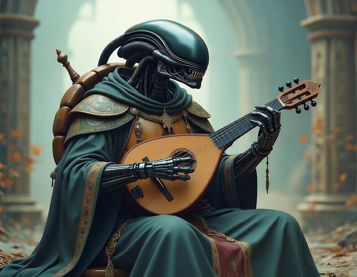 Cyborg Turtle Musician in Ethereal Fantasy Setting