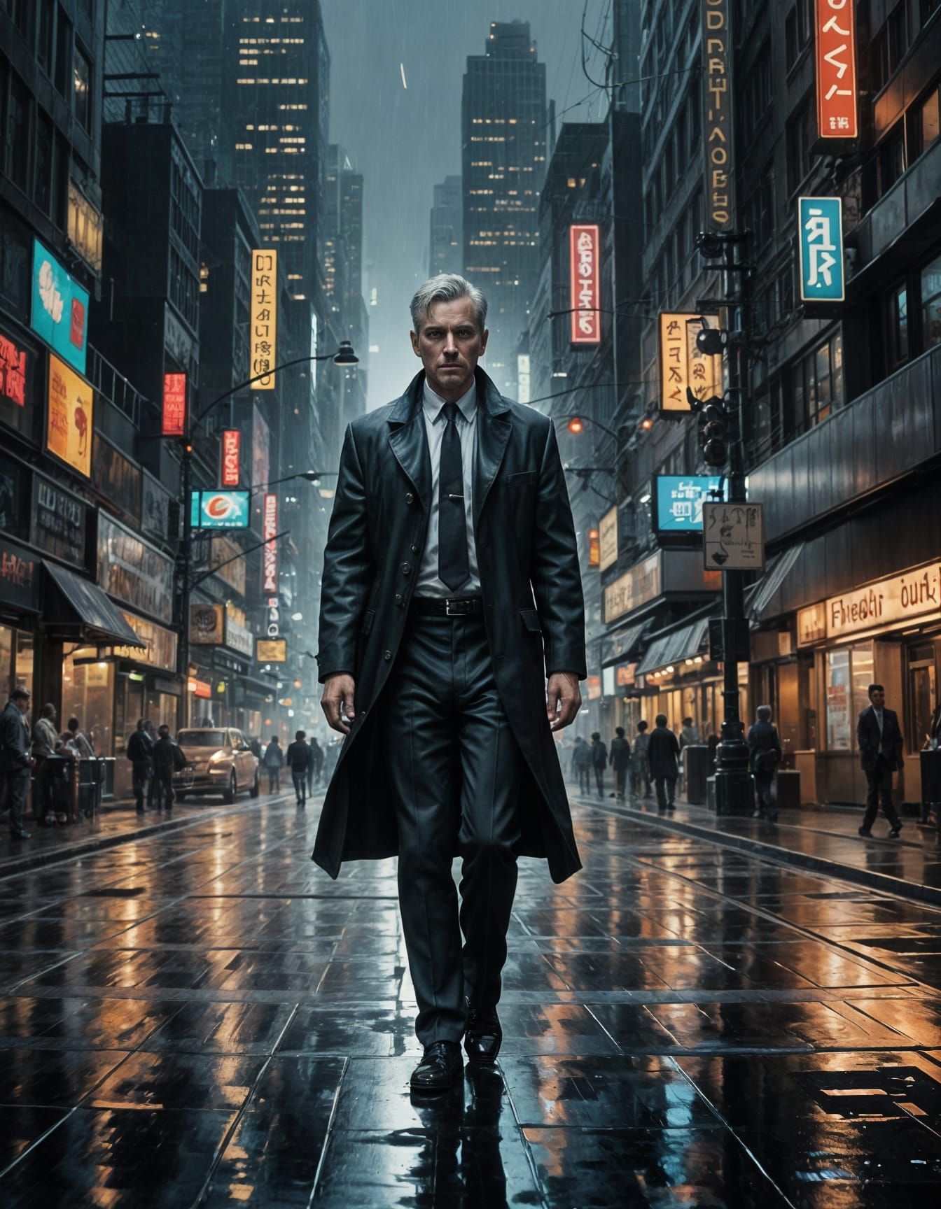 Midlife Man Strolls Through a Sinister City Centre at Night