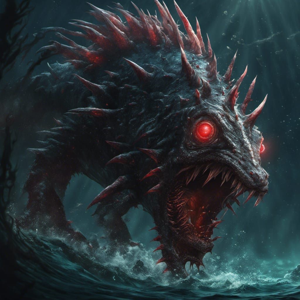 Massive underwater sea beast with spikes and tail and red eyes - AI ...