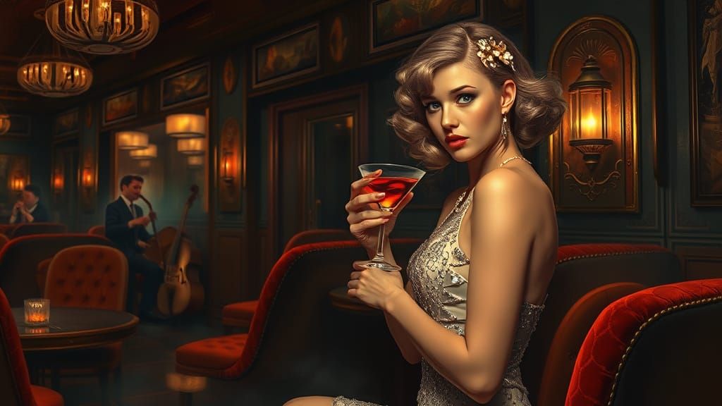 A flapper wearing a shimmering dress enjoys a cocktail   by @sirfrancis